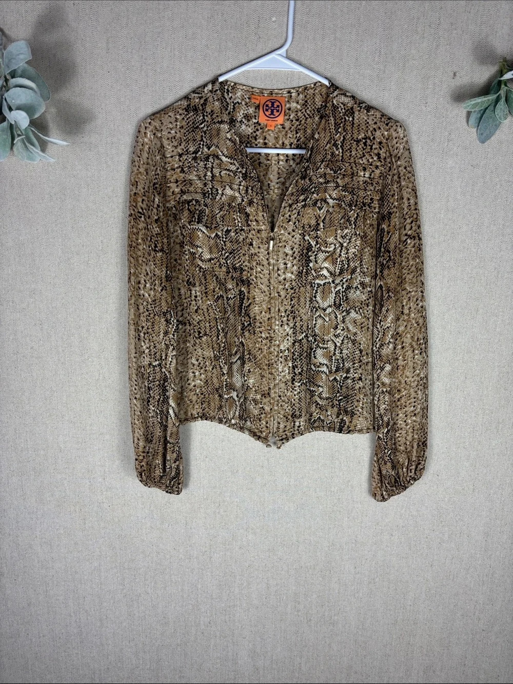 Tory Burch > Silk Brown Snake-Print Zip Blouse 4